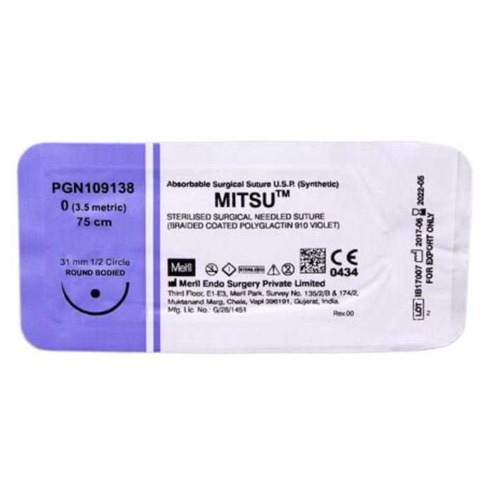 Шовний матеріал Mitsu 0 (PGN109138) довжина 75 см колюча голка 31 мм 1/2 кола №1