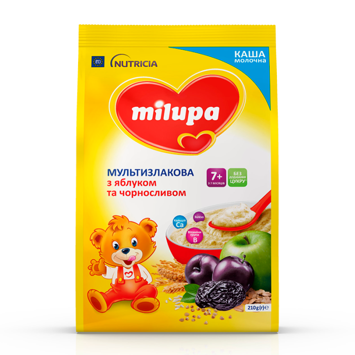 Каша Milupa молочна суха швидкорозчинна мультизлакова з яблуком та чорносливом для дітей від 7 місяців 210 г