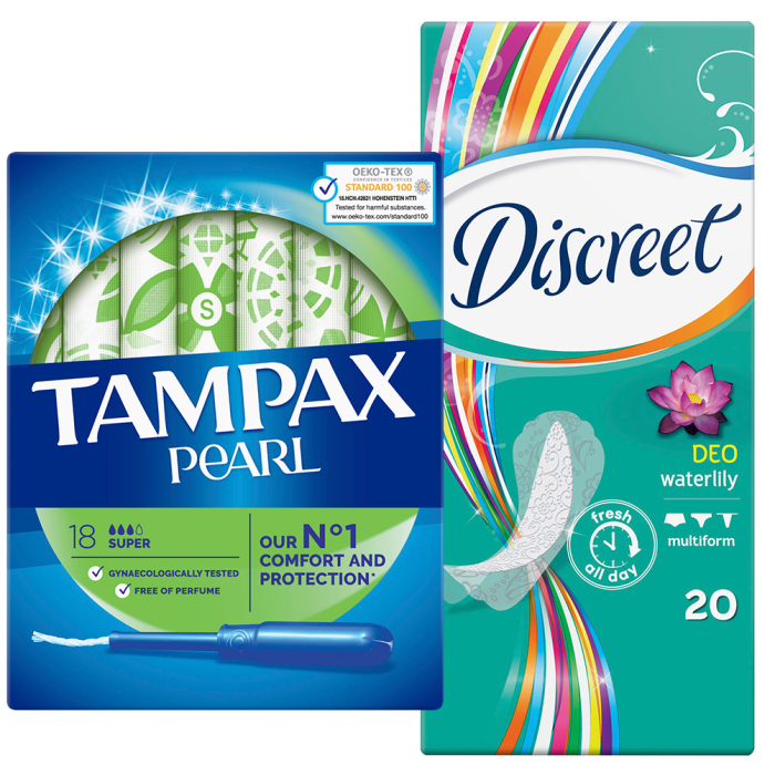 Набір тампони Tampax Discreet Pearl (18) + прокладки Diskreet DeoWaterLily 20шт