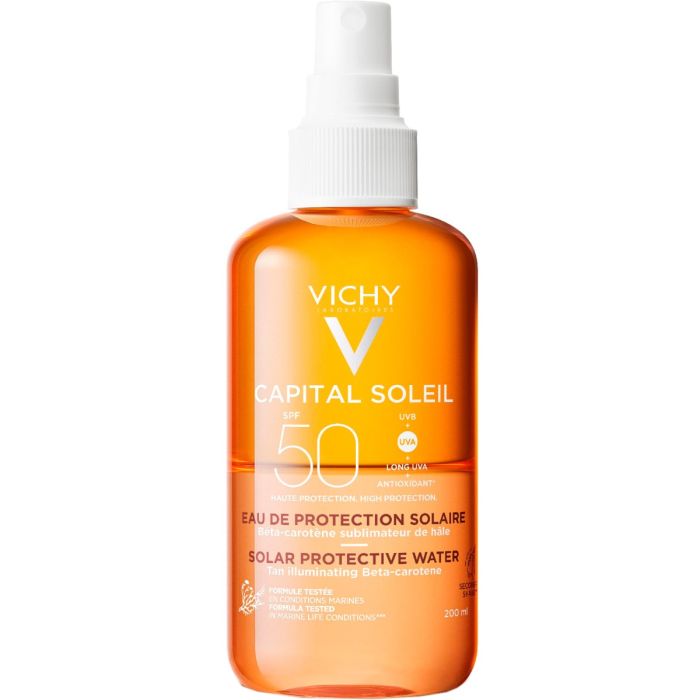 Спрей Vichy (Виши) Capital Soleil Солнцезащитный водный двухфазный с бета-каротином для усиления загара SPF50 200 мл - фото №1 Спрей Vichy (Виши) Capital Soleil Солнцезащитный водный двухфазный с бета-каротином для усиления загара SPF50 200 мл