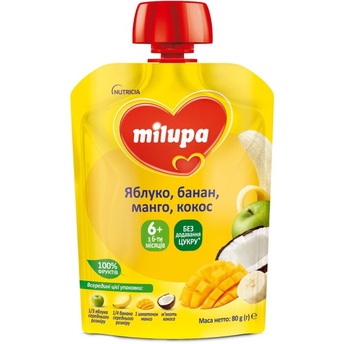 Пюре Milupa Яблуко банан манго кокос, від 6 місяців, 80 г