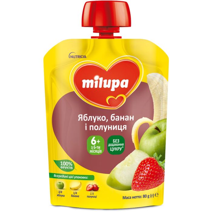 Пюре Milupa Яблуко банан полуниця (з 6 місяців) 80 г