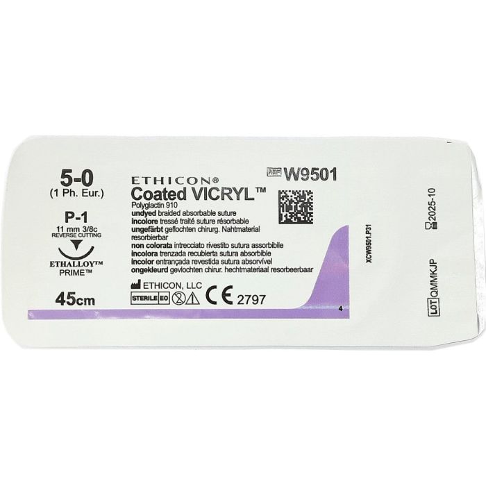 Шовний матеріал хірургічний Вікрил р. USP 5/0 що розсмоктується, довжина 45 см, голка зворотньо-ріжуча 11 мм, 3/8 кола 9501t
