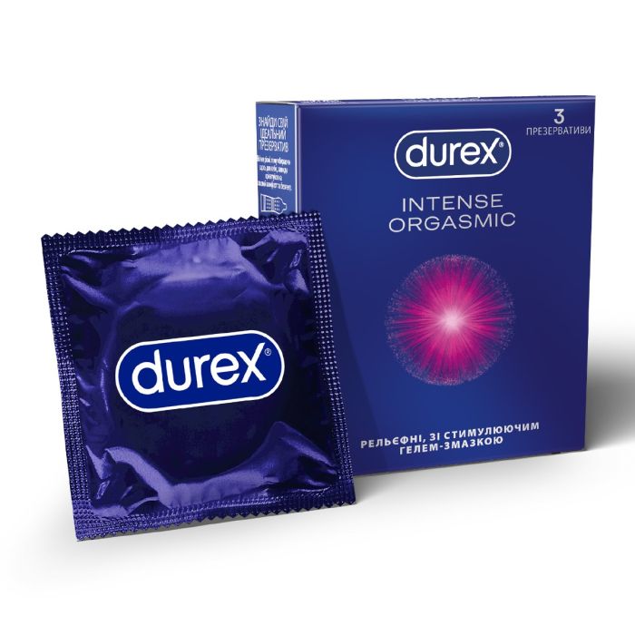 Презервативи латексні з силіконовою змазкою DUREX Intense Orgasmic (рельєфні, зі стимулюючим гелем-змазкою), 3 шт.