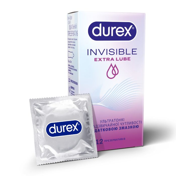 Презервативы латексные с силиконовой смазкой DUREX Invisible Extra Lube (ультратонкая с дополнительной смазкой), 12 шт.