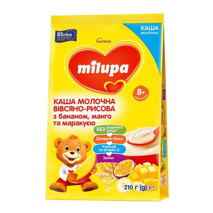 Каша молочна Milupa Вівсяно-рисова з бананом, манго та маракуєю для дітей від 8 місяців 210 г - фото №1 Каша молочна Milupa Вівсяно-рисова з бананом, манго та маракуєю для дітей від 8 місяців 210 г