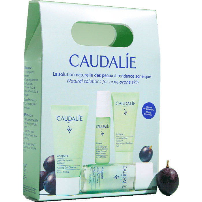 Набір Caudalie (Кодалі) Vinopure стартовий (Желе для очищення 30 мл+ Сироватка Контроль недосконалості 10 мл+Флюїд Ідеальна шкіра матовий 15 мл+Тонік для очищення 30 мл)