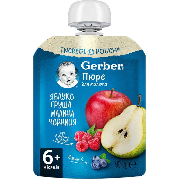Пюре Gerber яблуко, груша, малина, чорниця (з 6 місяців) 90 г