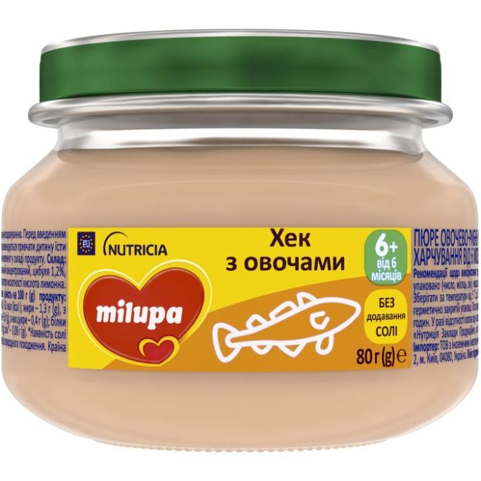 Пюре овочево-рибне Milupa Хек з овочами з 6 місяців 80 г - фото №1 Пюре овочево-рибне Milupa Хек з овочами з 6 місяців 80 г