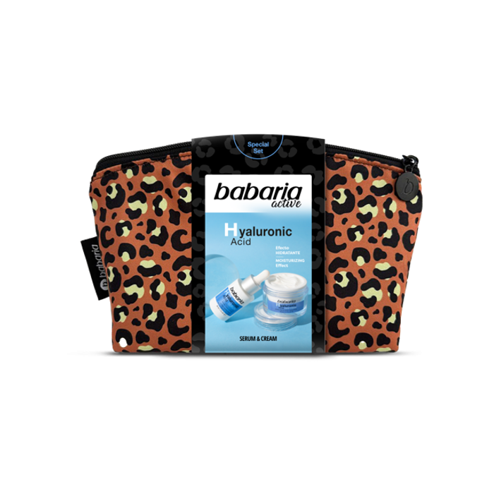 Набор Babaria (Бабария) Гиалуроновая кислота (крем 50 мл + сыворотка 30 мл + косметичка с принтом)