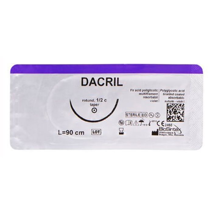 Шовний матеріал Dacril 0 довжина 90 см голка 40 мм 1/2 кола №1