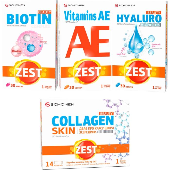 Набір Zest: Beauty Collagen Skin №14 + Beauty Biotin Complex №30 + Beauty Hyaluro Complex №30 + Vitamins А Е №30