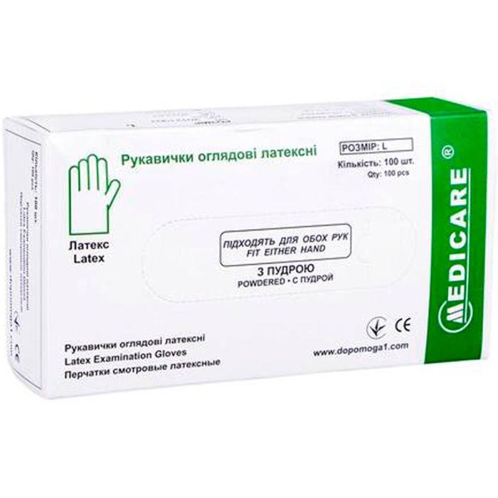 Рукавички Medicare оглядові латексні з пудрою нестерильні розмір L №100
