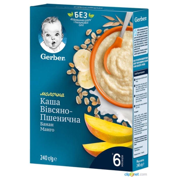 Каша Gerber молочна швидкорозчинна вівсяно-пшенична з бананом та манго з 6 місяців 200 г