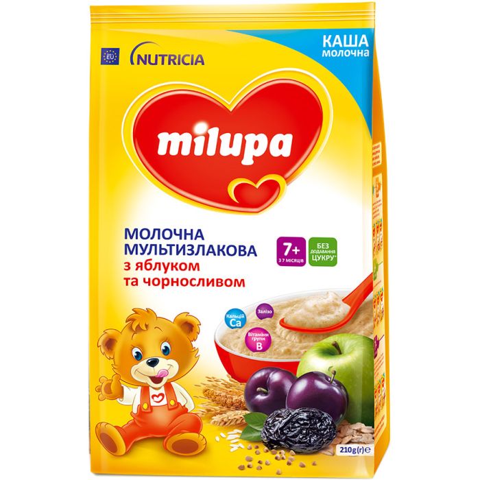 Каша Milupa мультизлакова з яблуком та чорносливом молочна суха швидкорозчинна для дітей від 7-ми місяців 210 г