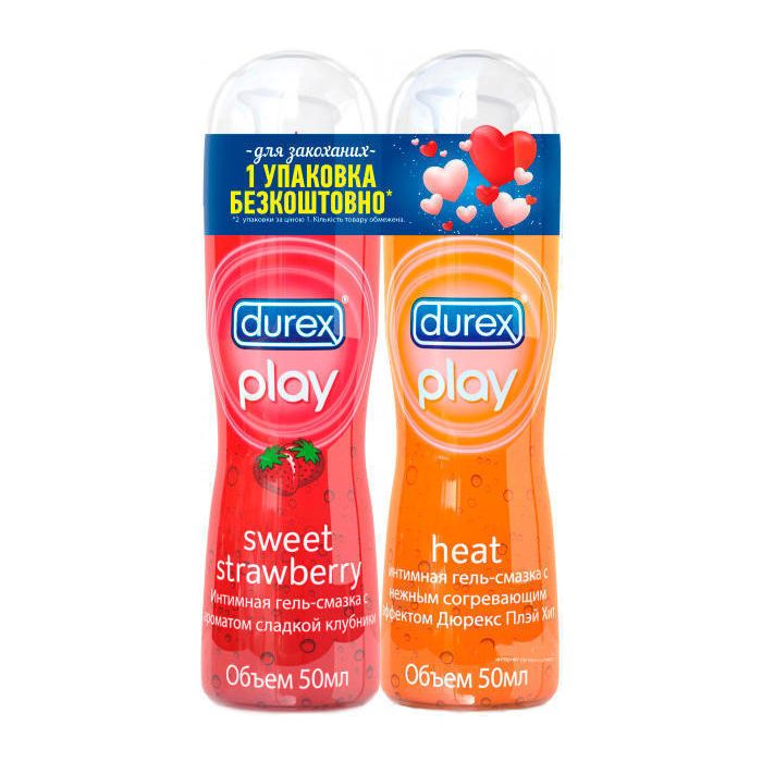 Гель-смазка Durex Play Heat 50 мл + Durex Play Sweet Strawberry 50 мл (1 упаковка бесплатно)