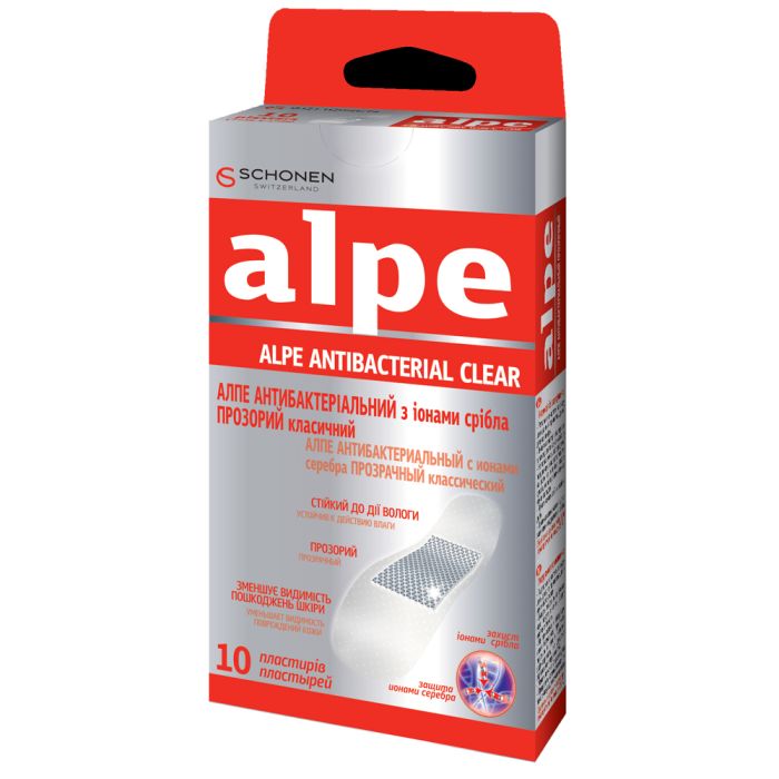 Лейкопластир Alpe прозорий антибактеріальний з іонами срібла класік (76*19 мм) №10