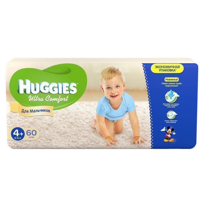 Подгузники Huggies Ultra Comfort Mega р.4+ (10-16 кг) для мальчиков 60 шт