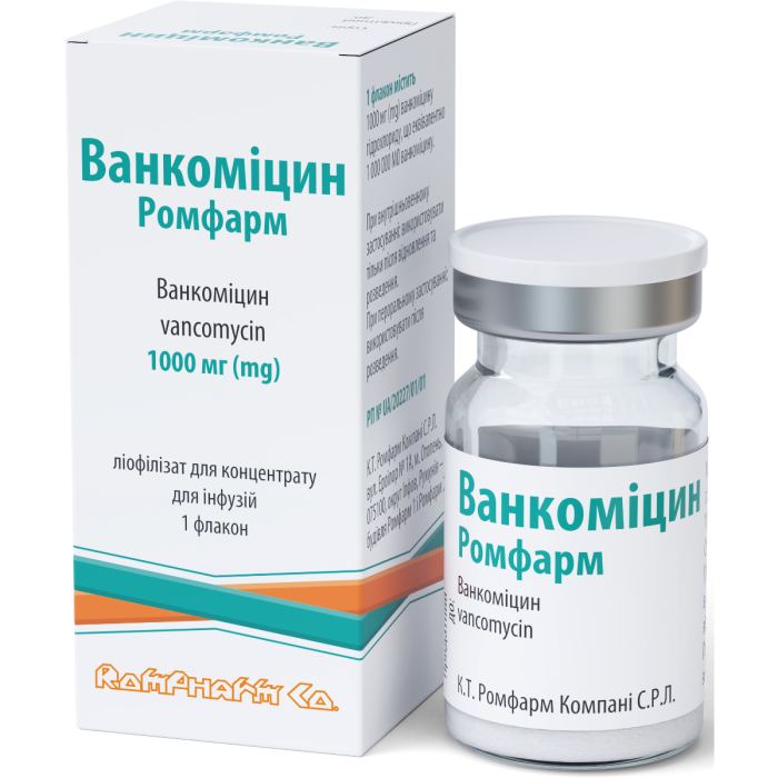 Ванкоміцин Ромфарм ліофілізат для розчину для інфузій по 1000 мг флакон №1