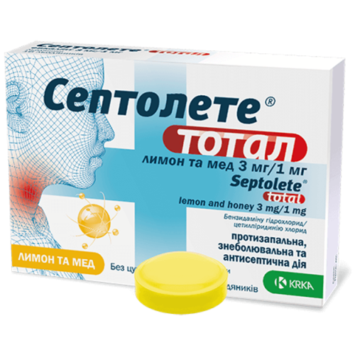 Септолете тотал лимон та мед 3 мг/1 мг льодяники №16 - фото №1 Септолете тотал лимон та мед 3 мг/1 мг льодяники №16
