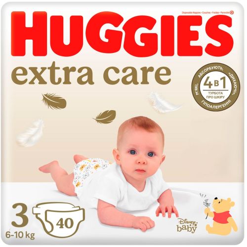 Підгузки Huggies Extra Care р.3 (6-10 кг) 40 шт. - фото №1 Підгузки Huggies Extra Care р.3 (6-10 кг) 40 шт.