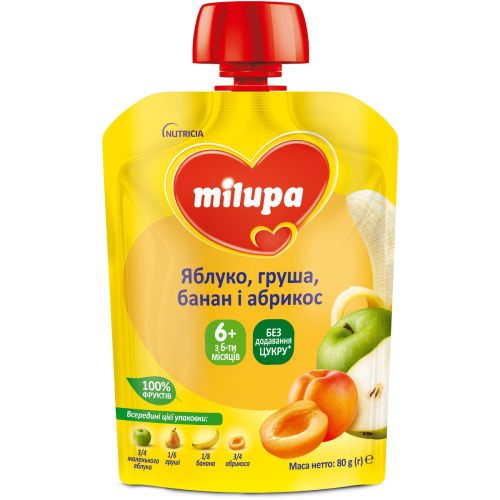 Пюре Milupa Яблуко груша банан абрикос (з 6 місяців) 80 г - фото №1 Пюре Milupa Яблуко груша банан абрикос (з 6 місяців) 80 г