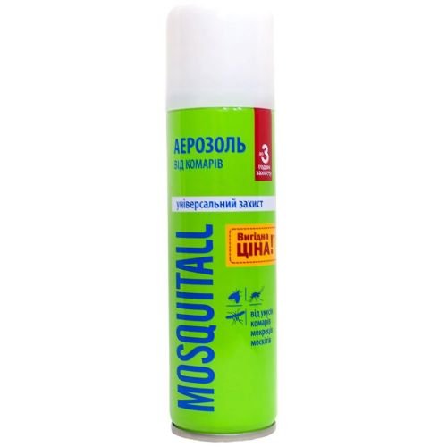 Аерозоль Mosquitall Універсальний захист 3 години від комарів, мокреців, москітів, 150 мл - фото №1 Аерозоль Mosquitall Універсальний захист 3 години від комарів, мокреців, москітів, 150 мл