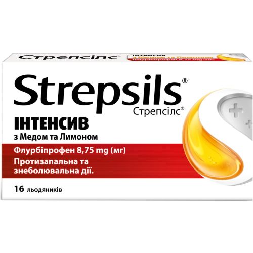 Стрепсілс інтенсив мед-лимон льодяники 8,75 мг №16 - фото №1 Стрепсілс інтенсив мед-лимон льодяники 8,75 мг №16