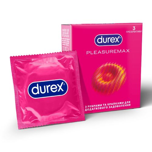 Презервативи латексні з силіконовою змазкою DUREX Pleasuremax (з ребрами та крапками), З шт. - фото №1 Презервативи латексні з силіконовою змазкою DUREX Pleasuremax (з ребрами та крапками), З шт.