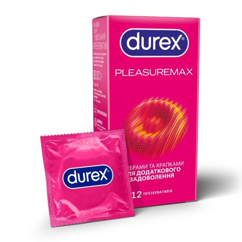 Презервативи латексні з силіконовою змазкою DUREX Pleasuremax (з ребрами та крапками), 12 шт. - фото №1 Презервативи латексні з силіконовою змазкою DUREX Pleasuremax (з ребрами та крапками), 12 шт.