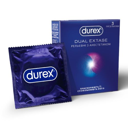 Презервативы латексные с силиконовой смазкой DUREX Dual Extase (рельефные с анестетиком), 3 шт. - фото №1 Презервативы латексные с силиконовой смазкой DUREX Dual Extase (рельефные с анестетиком), 3 шт.