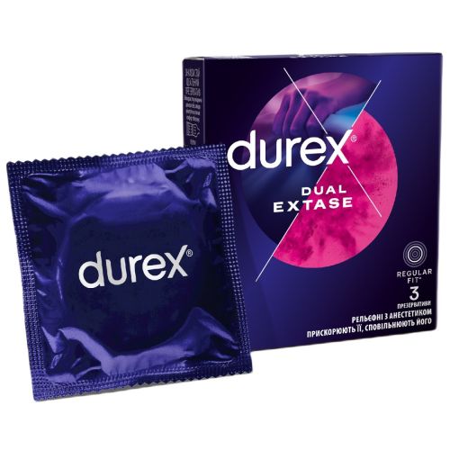 Презервативы Durex Dual Extase (рельефные с анастетиком) №3 - фото №1 Презервативы Durex Dual Extase (рельефные с анастетиком) №3