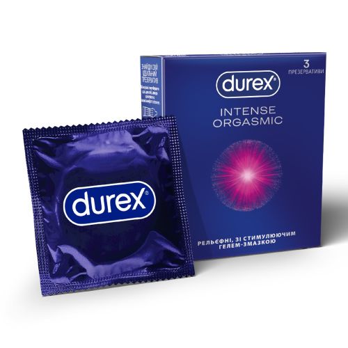 Презервативи латексні з силіконовою змазкою DUREX Intense Orgasmic (рельєфні, зі стимулюючим гелем-змазкою), 3 шт. - фото №1 Презервативи латексні з силіконовою змазкою DUREX Intense Orgasmic (рельєфні, зі стимулюючим гелем-змазкою), 3 шт.