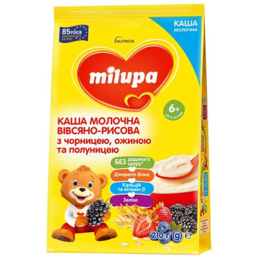Каша молочна Milupa Вівсяно-рисова з чорницею, ожиною та полуницею для дітей від 6 місяців 210 г - фото №1 Каша молочна Milupa Вівсяно-рисова з чорницею, ожиною та полуницею для дітей від 6 місяців 210 г