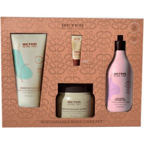 Набор Beter (Бетер) для тела Sustainable body care (гель для душа 300 мл+скраб 180 мл+масло для тела 227 г+бальзам для губ 5 мл) - фото №1 Набор Beter (Бетер) для тела Sustainable body care (гель для душа 300 мл+скраб 180 мл+масло для тела 227 г+бальзам для губ 5 мл)