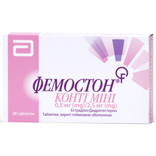 Фемостон Конті Міні 0,5 мг/2,5 мг таблетки №28 - фото №1 Фемостон Конті Міні 0,5 мг/2,5 мг таблетки №28