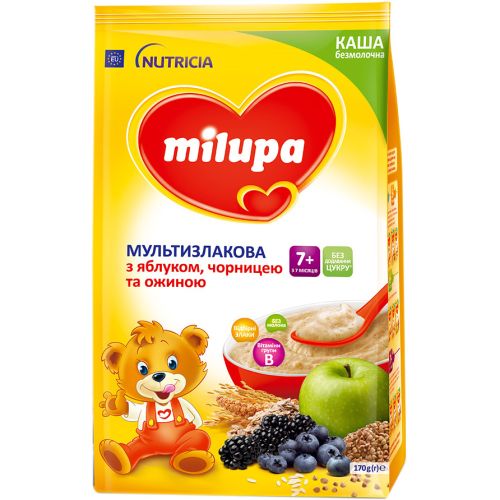 Каша Milupa безмолочна суха мультизлакова з яблуком, чорницею і ожиною (З 7 місяців) 170 г - фото №1 Каша Milupa безмолочна суха мультизлакова з яблуком, чорницею і ожиною (З 7 місяців) 170 г