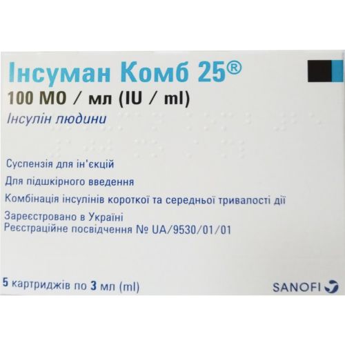 Інсуман Комб 25 100 МО/мл суспензія для ін`єкцій картридж 3 мл №5 - фото №1 Інсуман Комб 25 100 МО/мл суспензія для ін`єкцій картридж 3 мл №5