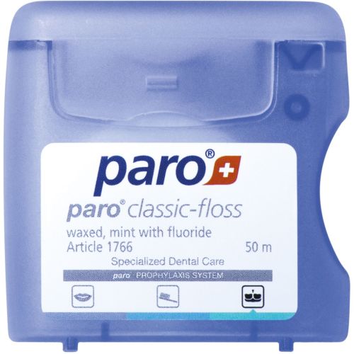 Зубна нитка Paro Swiss classic-floss вощена, з м'ятою та фторидом, 50 м - фото №1 Зубна нитка Paro Swiss classic-floss вощена, з м'ятою та фторидом, 50 м