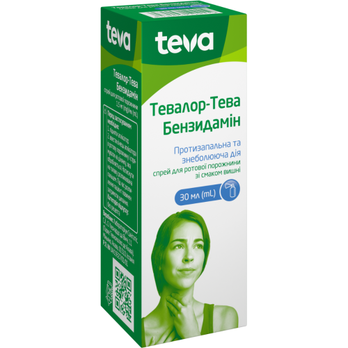 Тевалор-Тева Бензидамін спрей для ротової порожнини 1,5 мг/мл флакон 30 мл - фото №1 Тевалор-Тева Бензидамін спрей для ротової порожнини 1,5 мг/мл флакон 30 мл