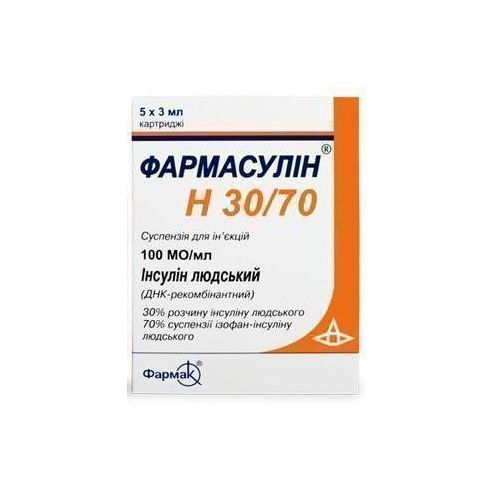 Фармасулин Н 30/70 суспензия для инъекций 100 МЕ/мл 3 мл картридж №5 - фото №1 Фармасулин Н 30/70 суспензия для инъекций 100 МЕ/мл 3 мл картридж №5